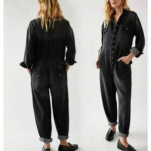 Free People Care Townes Coverall Jumpsuit Relaxed Straight Leg Fit Black Size XS
